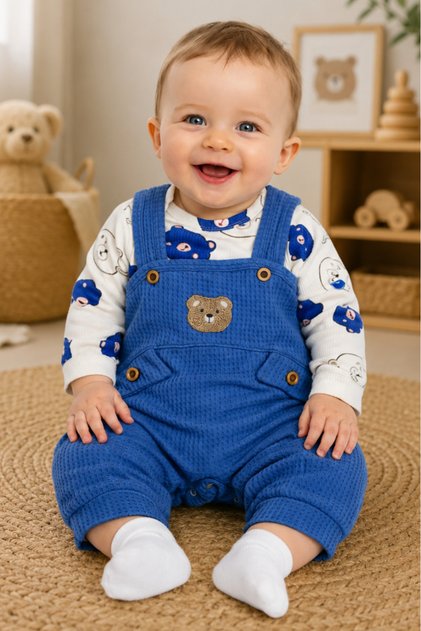 Baby Boy 3-Piece Romper Set With Overalls and Socks, Teddy Bear Patterned Bodysuit, Bear Embroidered, Cotton, Unisex