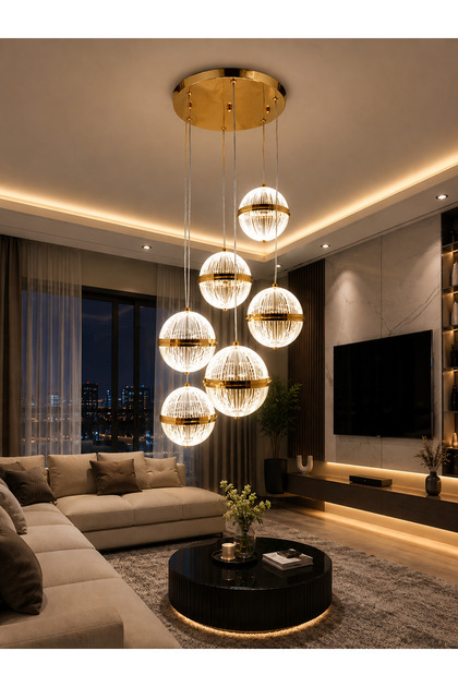Lumora Galaxy 6’lı Küre LED Avize 3 Renk Işık Modern Şık Salon ve Oturma Odası Sarkıt Avize