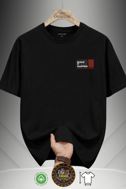 OyaLuxe Erkek Siyah Make It Happen Minimal Göğüs Baskılı %100 Pamuk Oversize T-Shirt