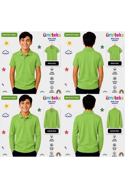Unisex Children's Polo Collar T-Shirt 100% Cotton Short Sleeve & Long Sleeve School T-Shirt Set of 2