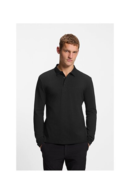 Erkek Regular Fit %100 Pamuklu Uzun Kollu Siyah Polo Yaka T-Shirt