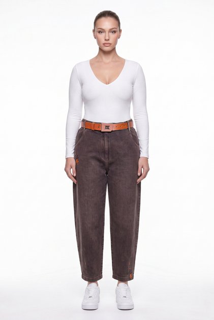 Women's Brown Winter High-Waisted Trousers with Belted Legs and Pocket Detail