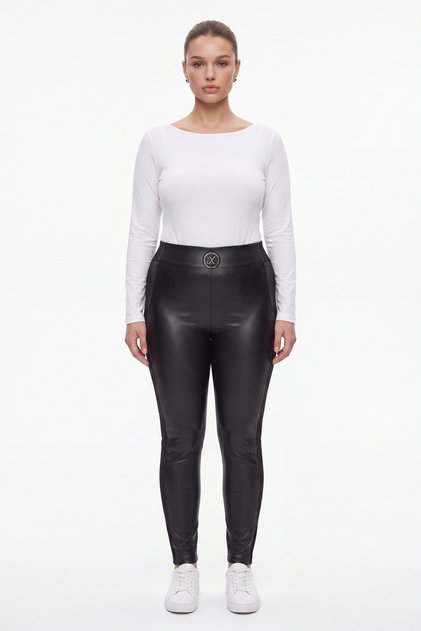 Women's Black Seasonal High-Waisted Faux Leather Trousers with Logo and Stone Detail