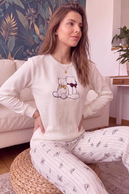 Set de pijamale pentru femei, cu mâneci lungi, cu model Waffle, Ecru Magdala