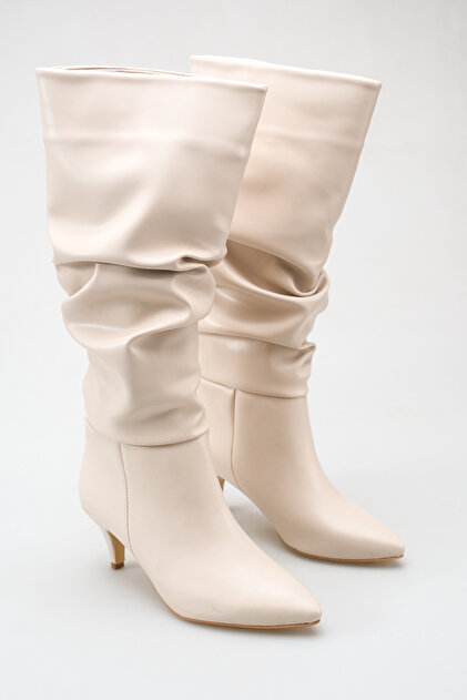 Women's Drawstring Detailed Thin Heeled Long Boots in Nude Skin