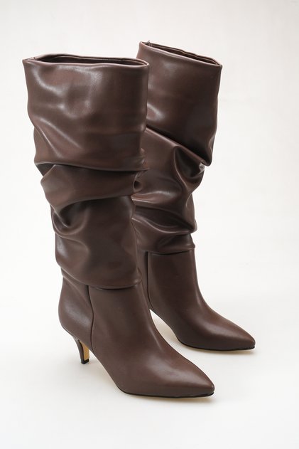 Women's Drawstring Detailed Thin Heeled Long Boots Brown Skin