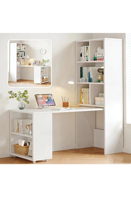 Reversible Writing Desk with Tall Bookshelf,Multi-Function Wall Mount Desk Cabinet with Mobile Cabinet,Folding All-in-One Office Desk, Adjustable and Extendable Computer Table for Study,Space Saving