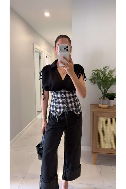 Noble Black Plaid Embellished Corset Blouse