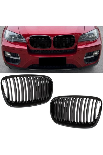 BMW X6 E71 07-14 grile frontale (tip rinichi) stânga + dreapta set NEGRU LUCIOS CU BARĂ DUBLĂ