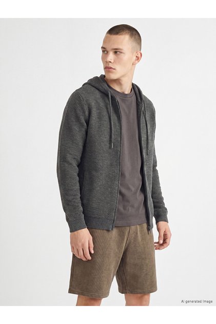 Vizyon New Season Anthracite Regular Fit Hooded Men's Knitwear Cardigan