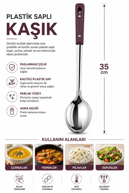 Plastik Saplı Paslanmaz Çelik Kaşık - Servis Pilav Yemek Kaşığı 35 cm