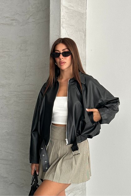 Women's Lined Oversize Leather Jacket Coat Oversize Relax Fit, Zippered Belt Detailed Casual Women's Jacket