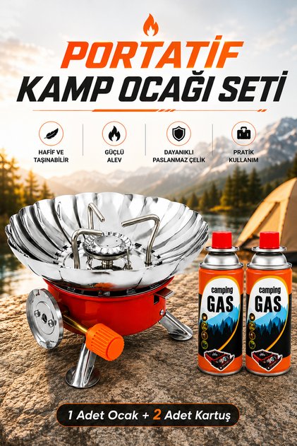 (1 Adet) Mini Portatif Rüzgarlıklı Kendinden Çakmaklı Kamp Ocağı + (2 Adet) 400 ml Kamp Kartuşu Gazı