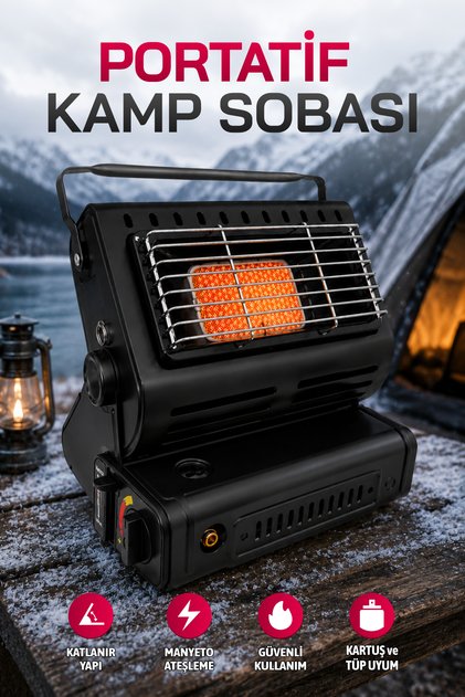 Portatif Kartuş ve Tüp Uyumlu Katlanabilir Güvenli Kullanım Kamp Sobası Pratik Taşınabilir Soba