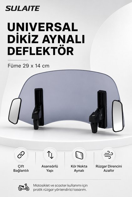 Motosiklet Scooter Deflektör Rüzgarlık Dikiz Aynalı Universal Asansörlü Ayarlanabilir Füme 29x14