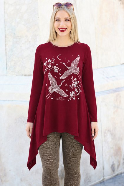 Plus Size Crane Printed Skirt, Long Sleeve Tunic, Burgundy