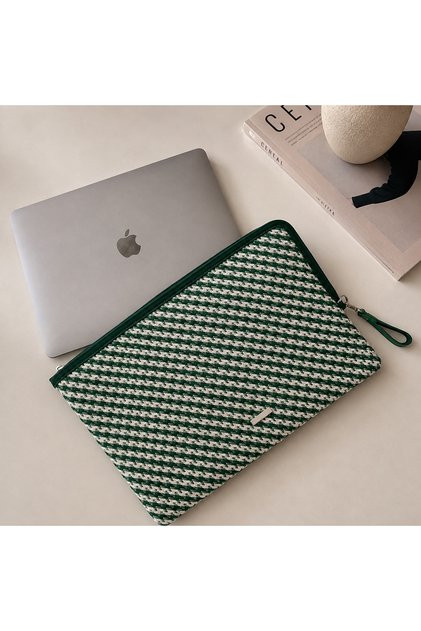 Women's Green Khaki Patterned Portfolio Bag – Tablet Bag, Zippered Handbag