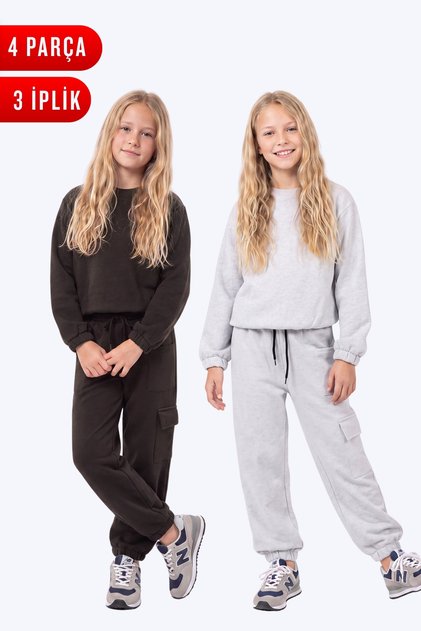 3 Thread Girls' Plain Low Waist Sweatshirt Crew Neck 2-Piece Tracksuit Set