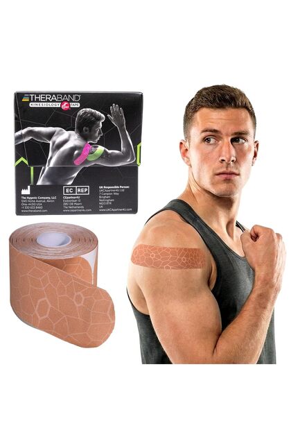 Kinesiology Tape, Waterproof Physio Tape for Pain Relief, Muscle & Joint Support, Standard Roll with XactStretch Application Indicators, 2" X 10" Strips, 20 Precut Strips, Beige/Beige