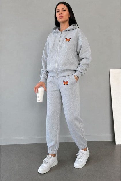 Women's Butterfly Embroidered Zippered Hooded Tracksuit Set