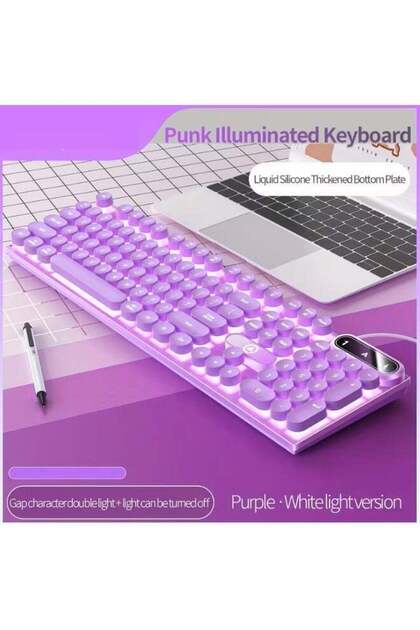 Retro Punk Keyboard – Rainbow RGB Backlit Wired Keyboard with Round Keycaps, Silent Mechanical Feel & Multimedia Keys for Mac/Windows