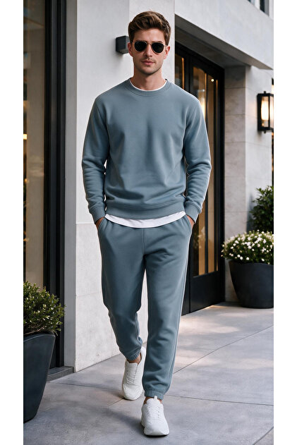 Men's Regular Thermal Fleece 3 Thread Puff Fabric Zero Collar Tracksuit Set