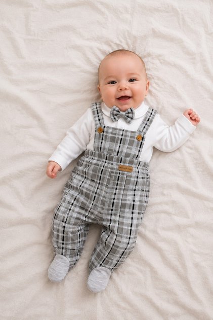 Baby Boy Set with Bow Tie, Plaid Patterned 3-Piece Set, Salopet Pants