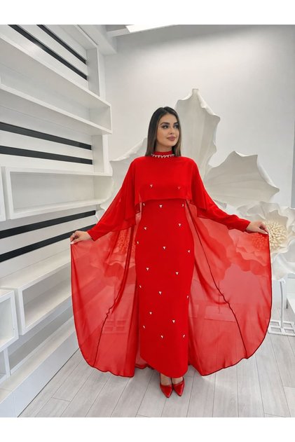 3137 ŞİFON PELERİN DETAYLI ELBİSE TASARIM ELBİSE
