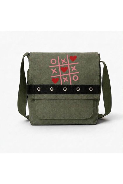 Khaki Xoxo Printed Round Eyelet Messenger Bag