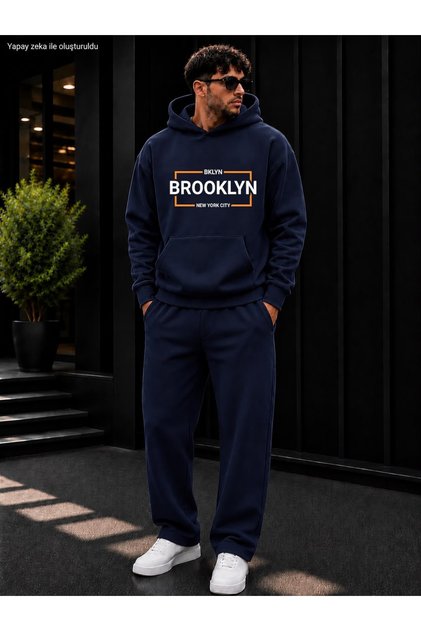 Men's Brooklyn New York City Printed Tracksuit Set / Hooded Sweatshirt with Kangaroo Pocket and Straight Leg Bottom