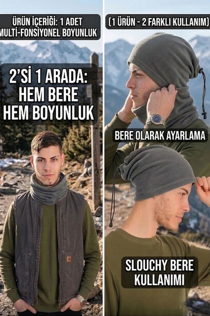 Men's Fleece Neck Gaiter Beanie 2-in-1 Drawstring Adjustable Multi-Purpose Winter Neck Gaiter Beanie