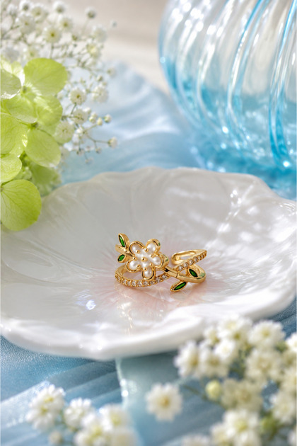 Floral Stone Cross Design Ring - Adjustable (Gold Color)