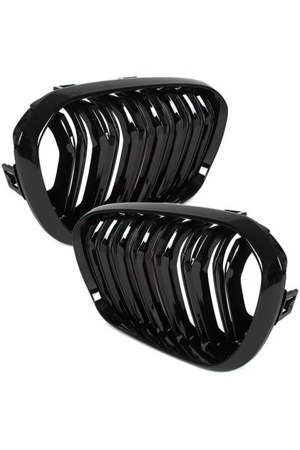 BMW 1 F20 2015-2018 grile (rinichi) între farurile, set stânga + dreapta, NEGRU LUCIOS CU BARĂ DUBLĂ