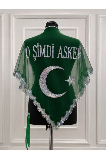 O Şimdi Asker Yazılı Pullu Asker Örtüsü – Yeşil Tül