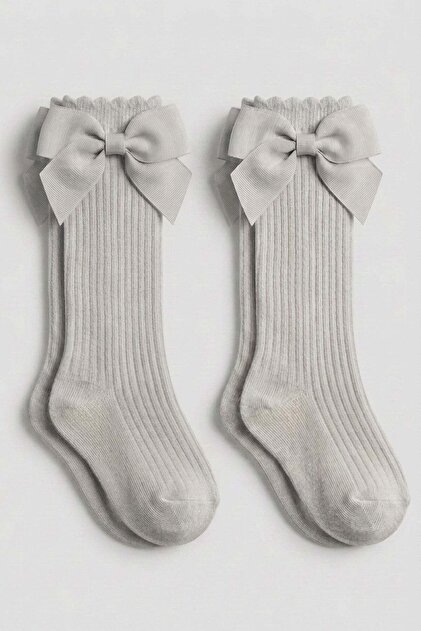 2 Pieces of Girls' Ribbed Knee-Length Socks with Bow