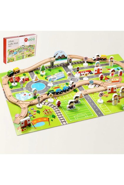 80 Piece Wooden Urban Traffic Track Set Double Sided City Road Play Mat Educational Train Set for Kids 3+