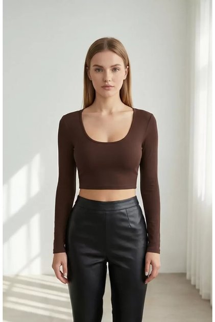 Women's Brown Long Sleeve Square Neck Crop Top Blouse – Stylish, Comfortable, and Easy to Match