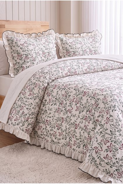Ruffled, Striped Floral Patterned Double Duvet Cover Set | 200X220 cm Duvet Cover, 2 Pieces 50X70 cm Pillowcases | Cotton Soft Texture