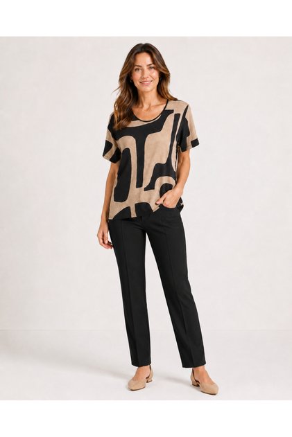 Women's Floor Beige Bamboo Patterned Short Sleeve Oval Neck Plus Size Blouse