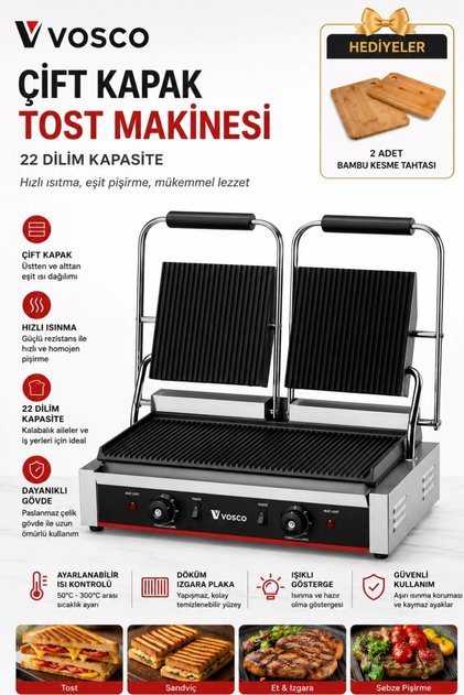 22 Dilim Çift Kapaklı Tost Makinesi 3600W Profesyonel Kafe Büfe ve Restoran İçin