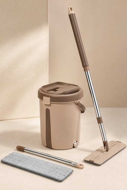 Flat Floor Mop Set with Cleaning & Wringing Bucket, Long Handle, Microfiber Mop Pad, Space-Saving Floor Cleaning System, Brown
