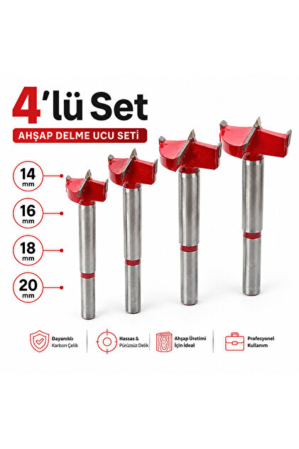 4’lü Forstner Ahşap Delme Matkap Ucu Seti 14-16-18-20 mm MDF Sunta Laminat Delik Açma Ucu