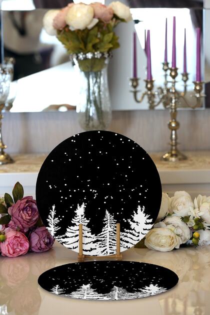 2-Piece Black Floor White Pine Tree Patterned Digital Printed Decorative Round Placemat - Supla