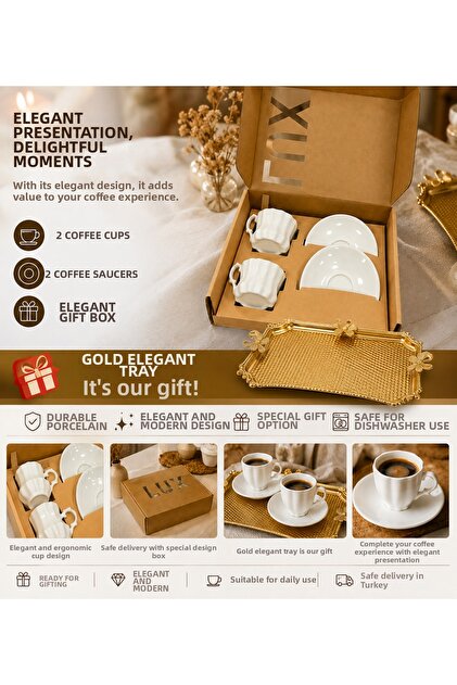 Lux 2-Piece Coffee Cup Set with Gold Stylish Tray as a Gift – 2 Cups, 2 Saucers, Special Gift Boxed