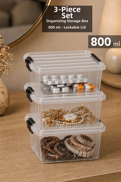 3-Piece Elora Storage Box - 800ml Lockable Lid Jewelry Makeup Organizer Closet Organizer Transparent