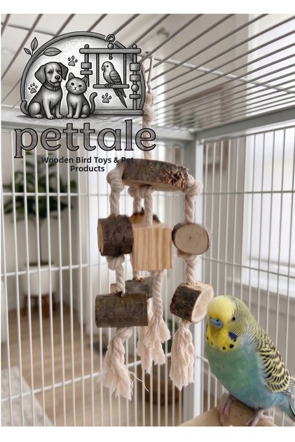 Natural Wood and Cotton Rope Bird Toy - Parakeet and Cockatiel Biting and Nibbling Toy