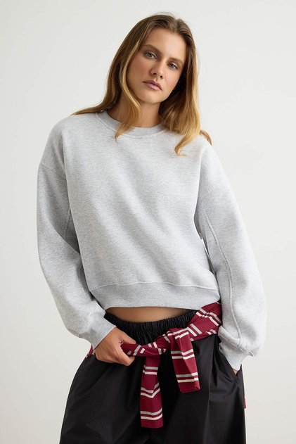 Wardrobe Essentials Kar Melanj Kalın İçi Polarlı Oversize Örme Sweatshirt TWOAW27SW00062