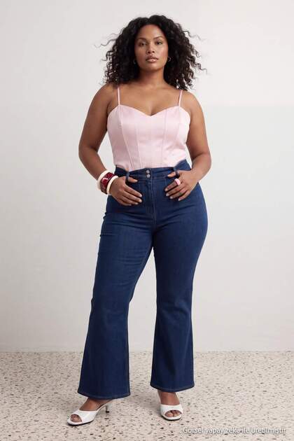 Blue High Waist Stitching Detailed Spanish Leg Plus Size Flare Fit Jeans Tbbaw26Cj00024
