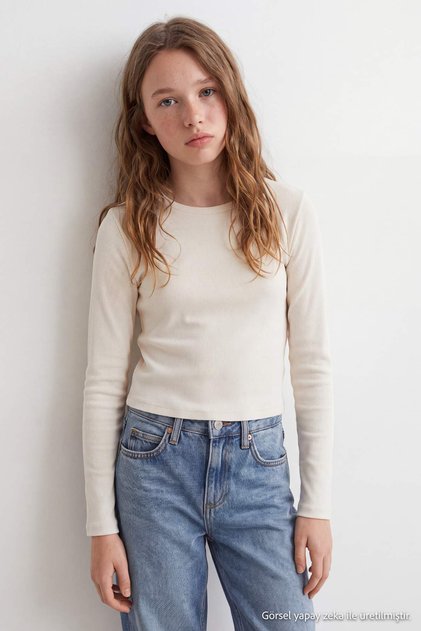 Ekru 100%Pamuk Kız Çocuk Yumuşak Kumaşlı Mini Me Anne Kız Bisiklet Yaka Örme T-shirt TKDAW27TS00015