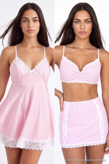 Pembe 4'lü Pötikareli Saten Kapsız Külotlu Babydoll/Fantezi Gecelik + İç Çamaşırı Takımı THMAW27CC00021